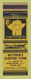 Matchbook Cover - Matthew's Electric Store Middletown NY Kelvinator  YELLOW