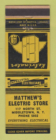 Matchbook Cover - Matthew's Electric Store Middletown NY Kelvinator  YELLOW