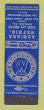 Matchbook Cover - Adrian Refrigeration Westinghouse Kincaid IL WORN BACK