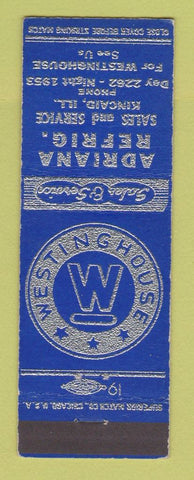 Matchbook Cover - Adrian Refrigeration Westinghouse Kincaid IL WORN BACK