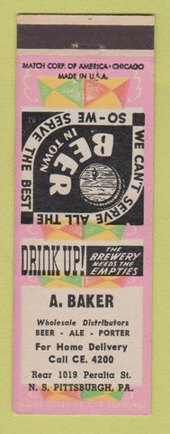 Matchbook Cover - A Baker Beer Distributor Pittsburgh PA