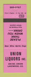 Matchbook Cover - Union Liquors Lakewood Colorado NEON PINK