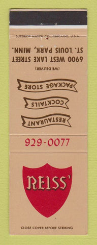 Matchbook Cover - Reiss' Restaurant liquor St Louis Park MN WORN BACK