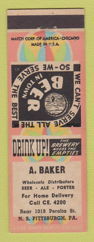 Matchbook Cover - A Baker Beer Distributor Pittsburgh PA