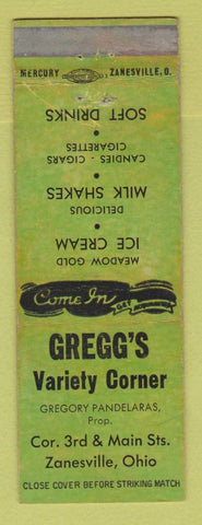 Matchbook Cover Gregg's Variety Corner grocery Zanesville OH Gregory Pandelaras