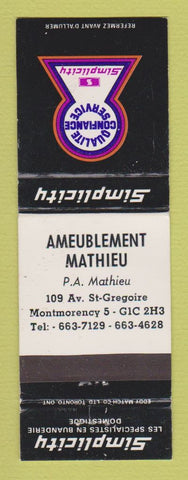 Matchbook Cover - Simplicity Ameublement Mathieu Montmorency QC