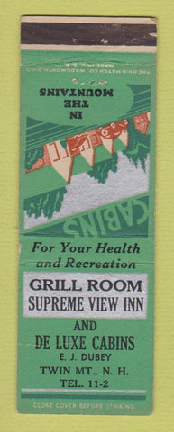 Matchbook Cover - Grill Room Supreme View Inn Cabins Twin Mountain NH