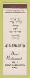Matchbook Cover - Hans' Restaurant Great Barrington MA