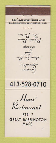 Matchbook Cover - Hans' Restaurant Great Barrington MA