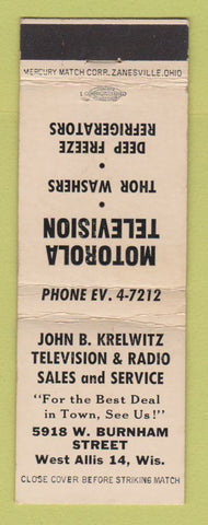 Matchbook Cover - John Krelwitz TV Radio West Allis WI Motorola WEAR