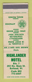 Matchbook Cover - Highlander Motel Rutland VT WEAR