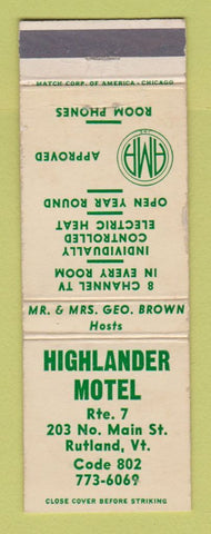 Matchbook Cover - Highlander Motel Rutland VT WEAR