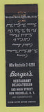 Matchbook Cover - Berger's Restaurant Deli New Rochelle NY