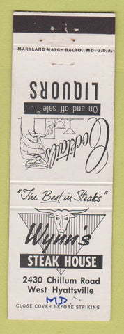 Matchbook Cover - Wynn's Steak House West Hyattsville MD WRITING