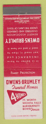 Matchbook Cover - Owens Brumley Funeral Homes Fort Worth Bowie Wichita Falls TX