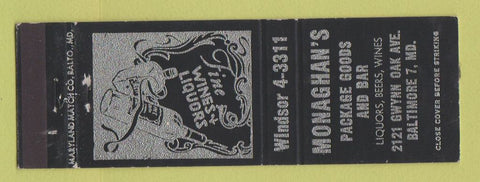 Matchbook Cover - Monaghan's Package Liquor Bar Baltimore MD WORN BACK