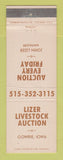 Matchbook Cover - Lizer Livestock Auction Gowrie IA