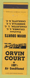 Matchbook Cover - Orvin Court Motels Columbia Charleston Greenville SC Charlotte