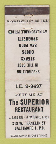 Matchbook Cover - The Superior Restaurant Baltimore MD WEAR