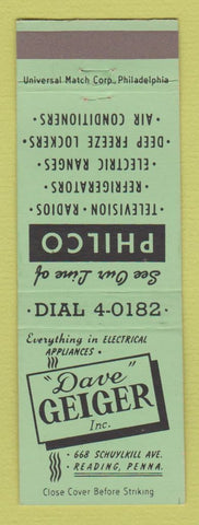 Matchbook Cover - Dave Geiger TV Philco Appliances Reading PA