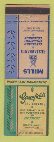Matchbook Cover - Greenfield's Restaurants Detroit MI Mills Columbus Cincinnati