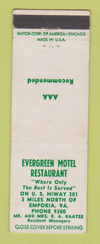 Matchbook Cover - Evergreen Motel Restaurant Emporia VA