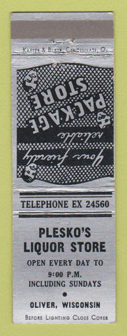 Matchbook Cover - Plesko's Liquor Store Oliver WI WORN BACK