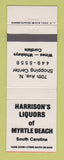 Matchbook Cover - Harrison's Liquors Myrtle Beach SC WHITE