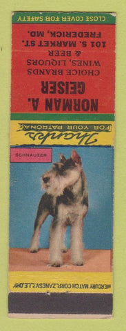 Matchbook Cover - Norman Geiser Liquor Frederick MD Schnauzer WORN BACK
