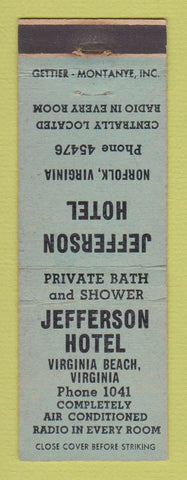 Matchbook Cover - Jefferson Hotel Norfolk VA Virginia Beach