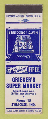 Matchbook Cover - Grieger's Super Market Grocery Syracuse IN low phone #