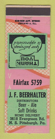 Matchbook Cover - JF Beerhalter Beer Distributor Pittsburgh PA WORN BACK