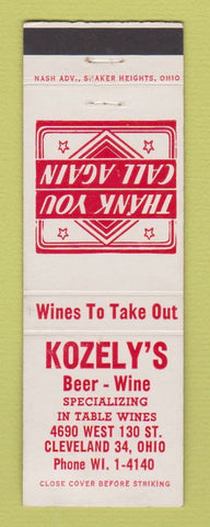 Matchbook Cover - Kozely's Beer Wine Liquor Cleveland OH WORN BACK
