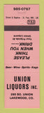 Matchbook Cover - Union Liquors Lakewood Colorado NEON ORANGE