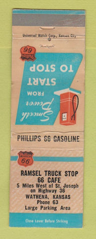 Matchbook Cover - Phillips 66 oil gas Ramsel Truck Stop Wathena KS WORN