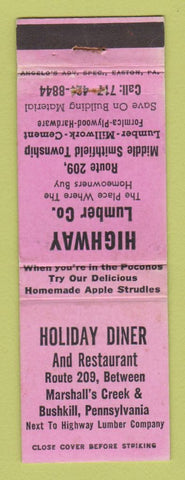Matchbook Cover - Holiday Diner Lumber Bushkill PA Middle Smithfield WEAR