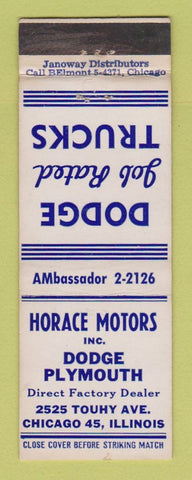 Matchbook Cover - Horace Motors Dodge Plymouth Chicago IL WEAR