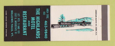 Matchbook Cover - Highlands Motel Restaurant Bellows Falls VT