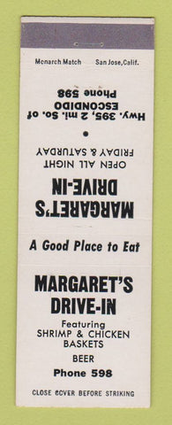 Matchbook Cover - Margaret's Drive In Restaurant Escondido CA low phone #