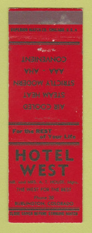 Matchbook Cover - Hotel West Burlington Colorado low phone #