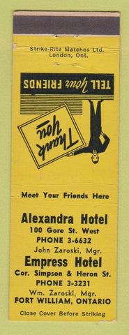 Matchbook Cover - Alexandra Hotel Empress Hotel Fort William ON
