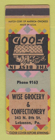 Matchbook Cover - Wise Groceyr Confectionery Lebanon PA