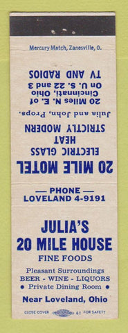 Matchbook Cover - Julia's 20 Mile House Motel Loveland OH C