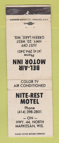 Matchbook Cover - Bel Air Motor Inn Green Lake Nite Rest Markesan WI WEAR