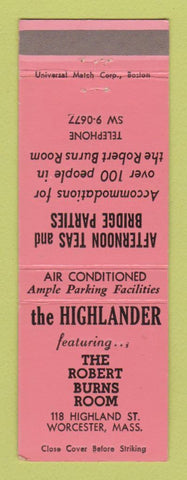Matchbook Cover - Highlander Hotel Worcester MA Robert Burns Room