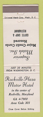 Matchbook Cover - Rockville Plaza Motor Hotel Rockville MD