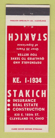 Matchbook Cover - Stakich Insurance Real Estate Cleveland OH