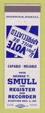 Matchbook Cover - George Smull for Register and Recorder Election 1955