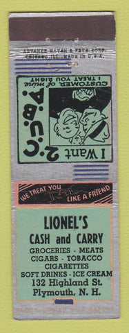 Matchbook Cover - Lionel's Cash and Carry Grocery Plymouth NH ADVANCE