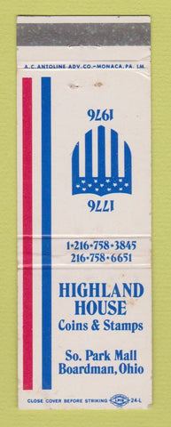 Matchbook Cover - Highland House Coins Stamps Boardman OH 1976